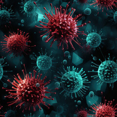 Fototapeta premium Virus particles under microscope repeat pattern, healthcare, epidemic, quarantine, pandemic, illness