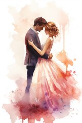 romantic couple in watercolor style on white background, copy space , generative ai