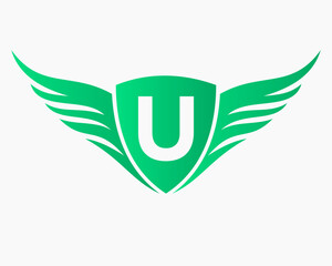Wing Logo On Letter U, Transportation Symbol, Transport Sign
