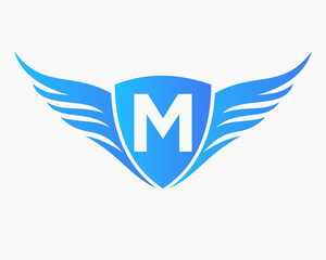 Wing Logo On Letter M, Transportation Symbol, Transport Sign