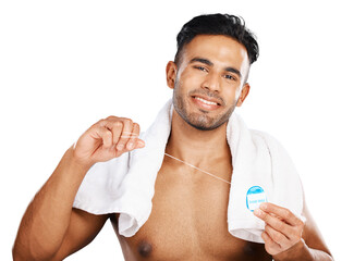 Floss, portrait and happy man cleaning for dental hygiene, gingivitis or plaque isolated on...