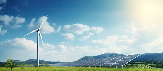 Renewable energy: wind turbine and solar power.