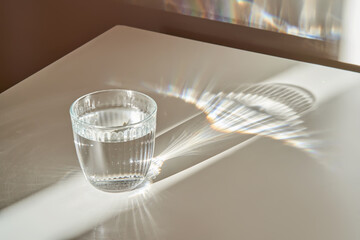 A glass of clean drinking water in the morning sun.