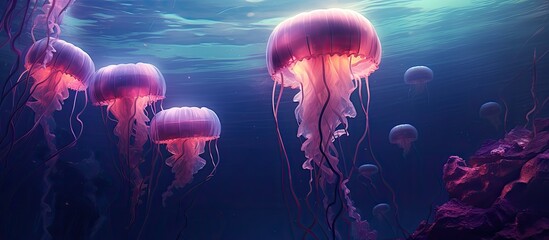 Jellyfishes seen underwater. - obrazy, fototapety, plakaty