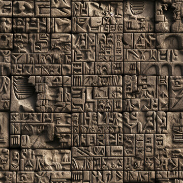 Sumerian cuneiform archeology repeat pattern, antique hieroglyph language carved on stone 