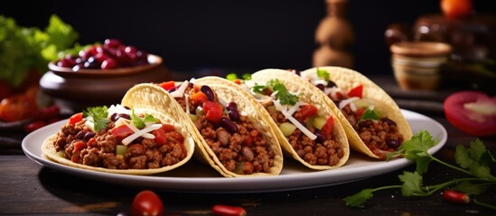 Plate of Mexican tacos with minced meat, beans, and spices.
