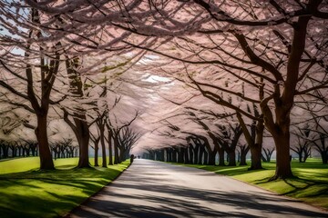 A regal avenue bordered by cherry blossom trees in full bloom, petals gently falling like snow, creating a serene and romantic ambiance