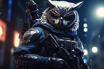 illustration of an owl becoming an armed police officer