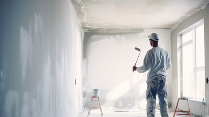 painter man, brush in hand for products to restore and paint the wall, indoor the building site of a house, wall during painting, renovation, painting, contractor, Architect, construction worker