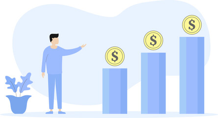 young people and growth chart with coin illustration