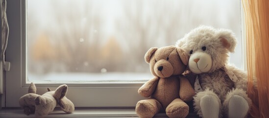 Two stuffed animals on heater in house, with mugs on window ledge. - obrazy, fototapety, plakaty