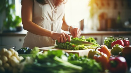 Woman chopping vegetables for a salad