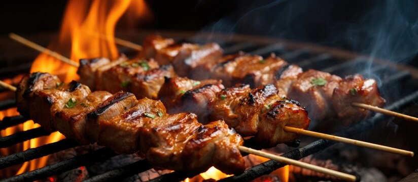 Marinated pork is skewered and cooked over fire for a smoky taste.