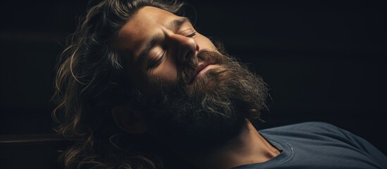 Sleepy bearded man, morning, head tilted, eyes closed, tired expression. - obrazy, fototapety, plakaty