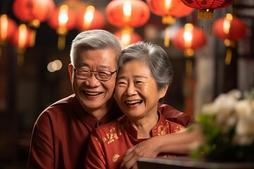 Happy asian senior couple celebrate chinese new year . AI Generate - obrazy, fototapety, plakaty