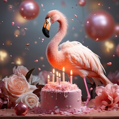 Cute little flamingo near the cake with candles and balloons celebrates birthday