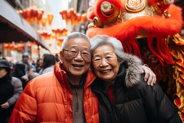 Happy asian senior couple celebrate chinese new year . AI Generate - obrazy, fototapety, plakaty