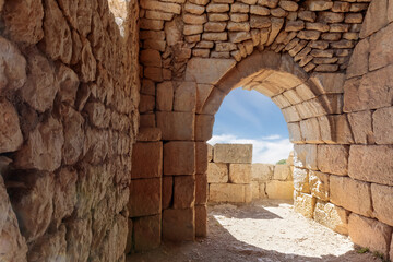 Exit  from the dilapidated hall in the northern tower in the medieval fortress of Nimrod - Qalaat al-Subeiba, located near the border with Syria and Lebanon on the Golan Heights, in northern Israel