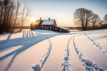 Fototapeta na wymiar A tranquil winter scene with the sun rising behind a rustic farmhouse, casting long shadows on a winding footpath through untouched snow