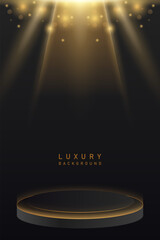 3d luxury shiny gold podium, pedestal, award in vertical black background vector design