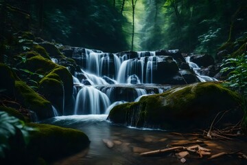 Natural waterfall in dense and wild forest