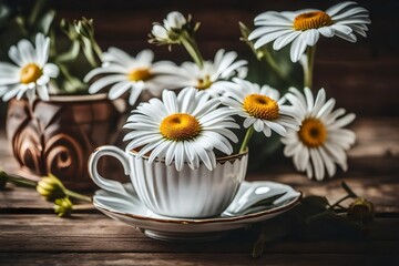On a wooden background, white daisy blossoms in an antique cup