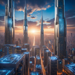  A futuristic cityscape transformed into a digital masterpiece through advanced graphic techniques