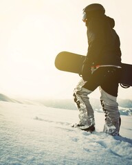 Snowboarder walking with snowboard during sunset in the snowy mountains. Cinematic solo freerider...