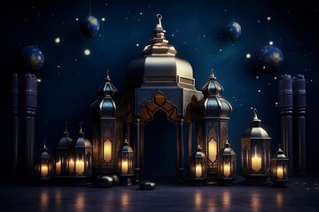 Obraz premium eid al fitr greeting with lanterns on dark blue background with generative ai