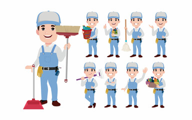Set of cleaner with different poses