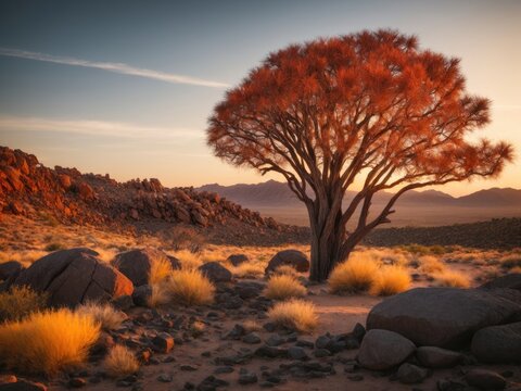 Quiver tree and rock wall at sunset; Namibia, sunset in the desert, sunrise in the desert, sunset in the mountains, sunrise in the mountains, sunset on the desert, sunrise on the desert