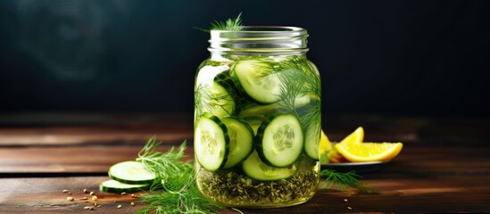 Homemade marinated cucumber slices in a jar with dill.