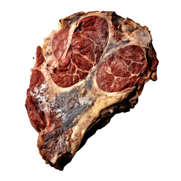 Top view of rotten spoilt raw steak isolated on a white transparent background 