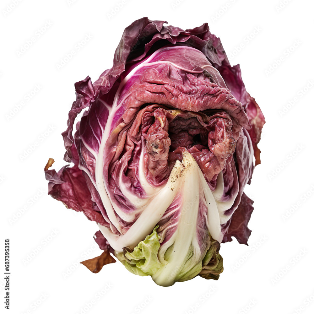 Sticker front view of a spoil rotten radicchio vegetable isolated on a white transparent background 