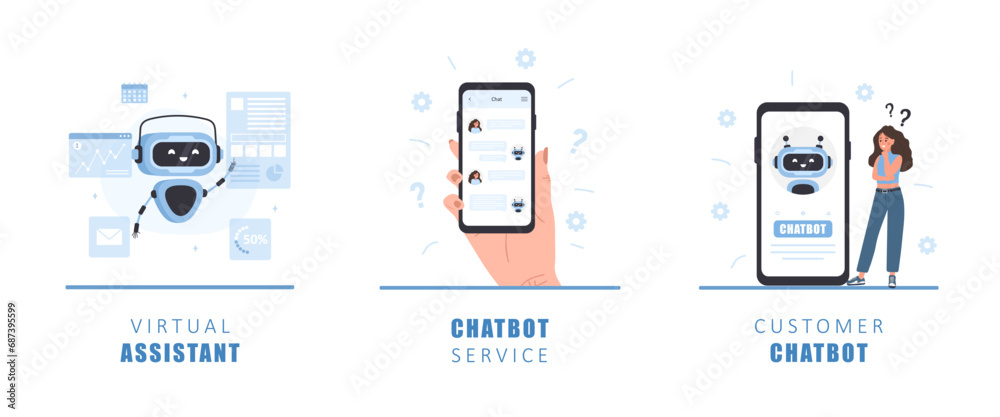 Canvas Prints chatbot concept. woman talking with robot. ai assistant. girl asking questions and receiving answers