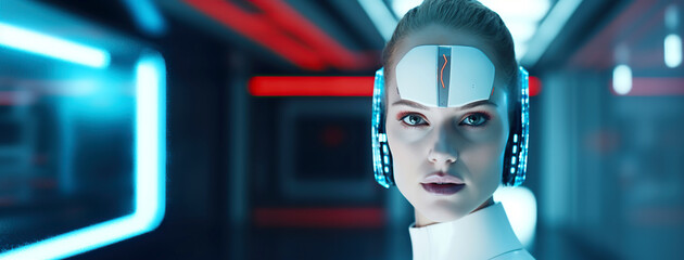 A portrait of an android robot with the face of a young woman.