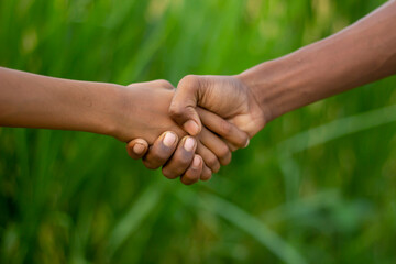 A man making handshake with another man and green background