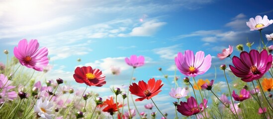 The flowers in blue, purple, red, and pink colors are blooming beautifully, surrounded by green nature, under the shining sun in the open sky.
