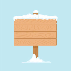 Wooden signboard in snow isolated on blue background. Vector winter illustration. Cartoon flat style.