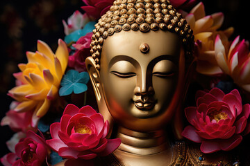 glowing golden buddha decorated with colorful flowers 