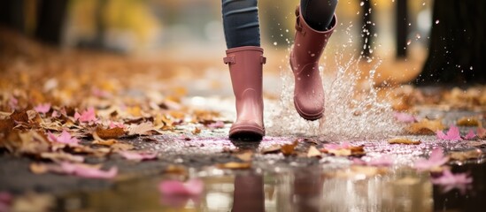 Woman in pink boots splashes in puddle on autumn day.