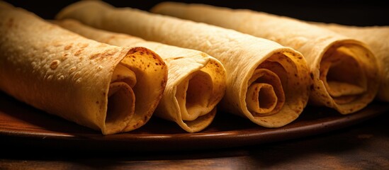 Rolled corn tortilla filled with options like chicken, beef, or potatoes; also known as Flautas. - obrazy, fototapety, plakaty
