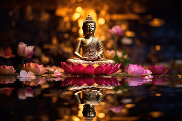 glowing golden buddha decorated with colorful flowers  - obrazy, fototapety, plakaty