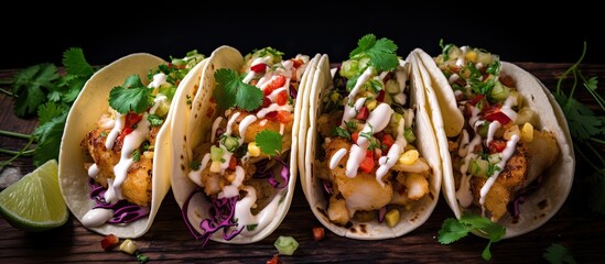 Tacos with Mexican fish, cabbage, and garlic mayo.