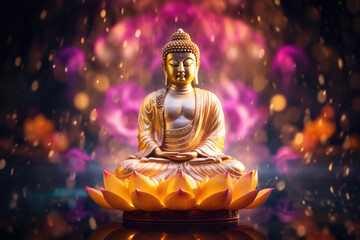 Glowing golden buddha decorated with colorful flowers