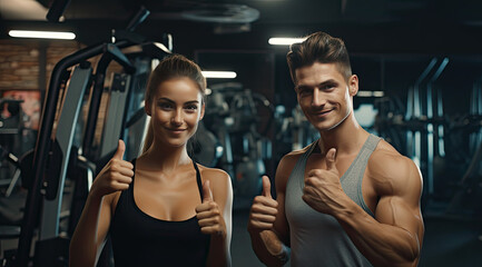 Fototapeta na wymiar couple of people giving thumbs up signs inside the gym