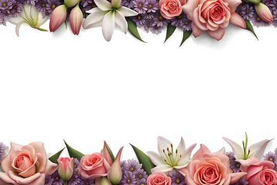 border frame of flowers and leaves on transparent background