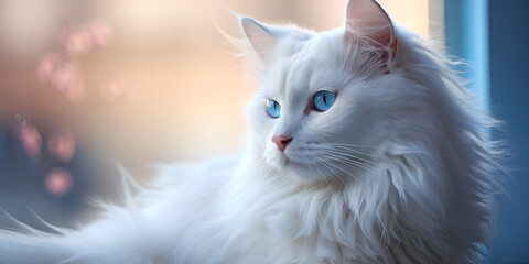 cat with eyes,A white cat with blue eyes sits on a tile floor.Photo of a striking white cat ai generative,There is a white cat sitting on a window sill looking out generative ai