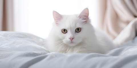 white cat sleeping on bed,Sleepy young white mixed breed cat on light gray plaid in contemporary bedroom. pet warms on blanket in cold winter weather. pets friendly and care concept,Ling the White 