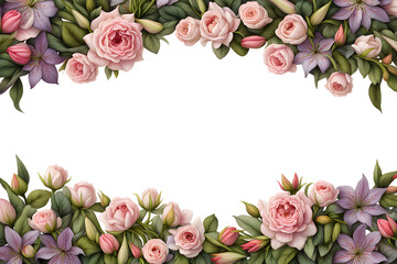 border frame of flowers and leaves on transparent background